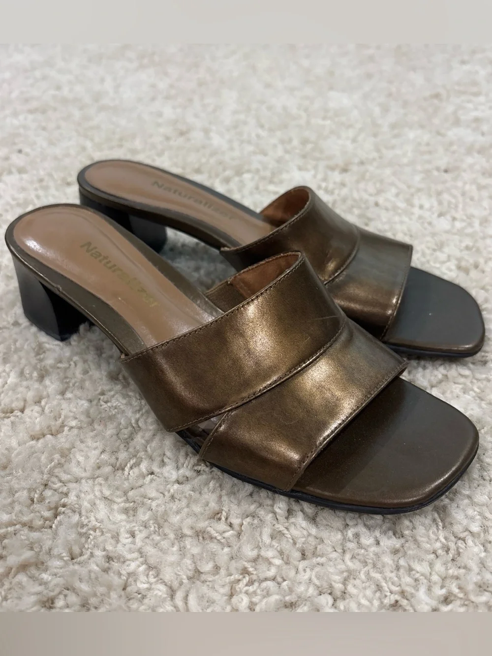 Naturalizer Bronze Metallic Mule Block Heel Square Toe Slip On Sandals Size 6M